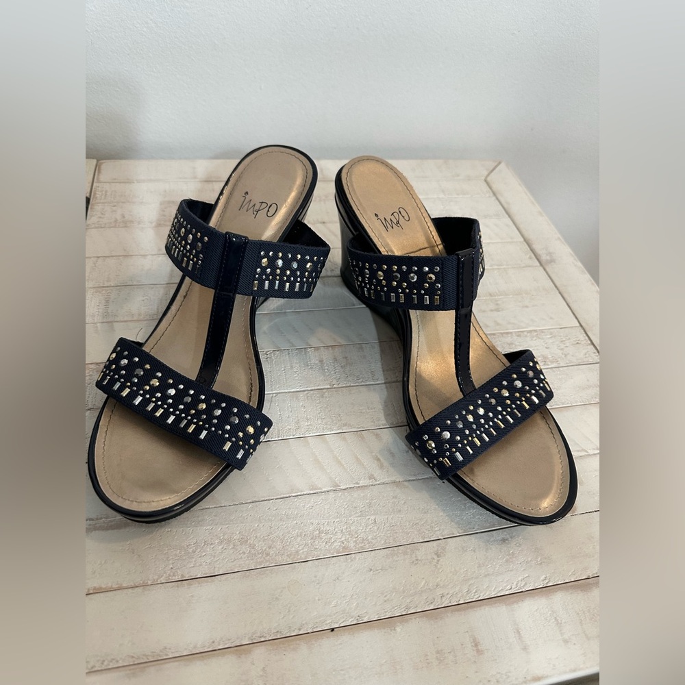 Impo Velinda Navy Blue Embellished Stretched Slide Wedge Sandals - Size 10M